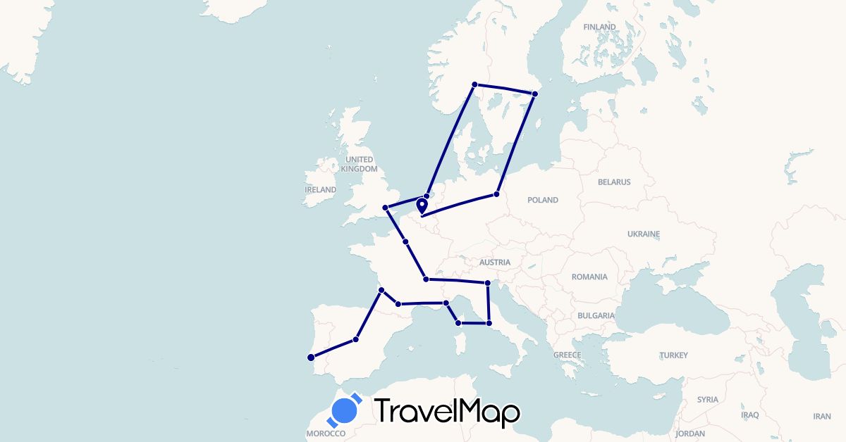 TravelMap itinerary: driving in Belgium, Germany, Spain, France, United Kingdom, Italy, Netherlands, Norway, Portugal, Sweden (Europe)